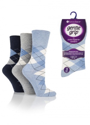 3 pair pack Gentle Grip Socks - Blue Marl Argyle